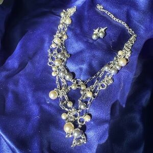 Elegant Two-Tone Pearl Multi-Strand Necklace and Earrings Set